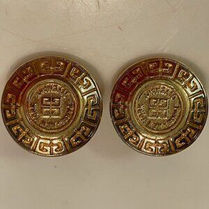 GIVENCHY New York Paris Gold Tone Medallion Greek Key Logo Post Earrings Vintage